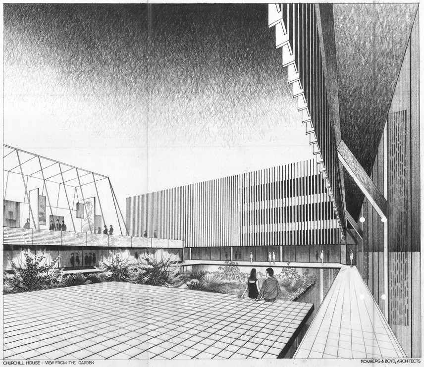 Sketch of view of Churchill garden